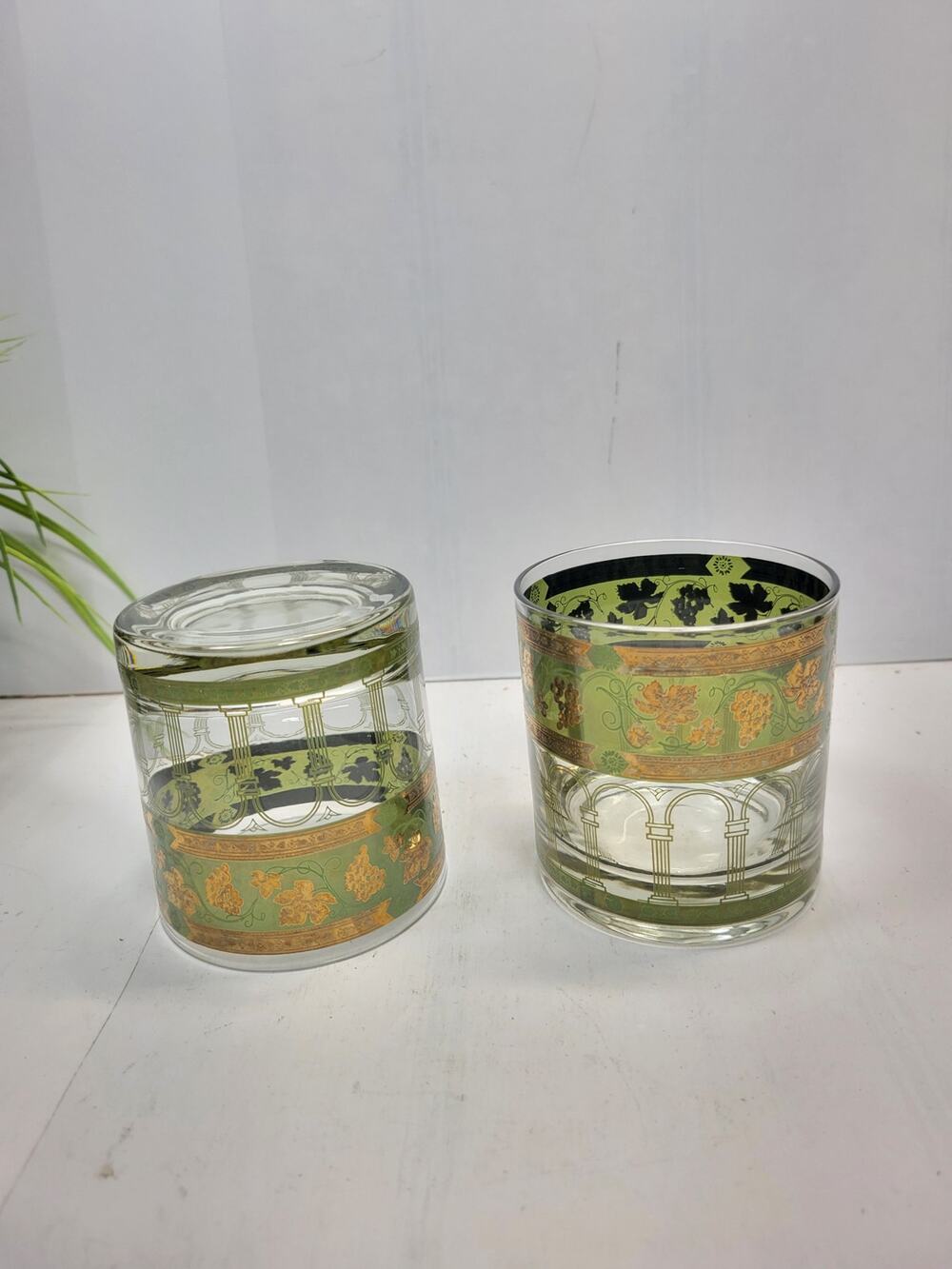 Vintage Cera Golden Grapes Green Lowball Glasses MCM 22k Gold Barware Set